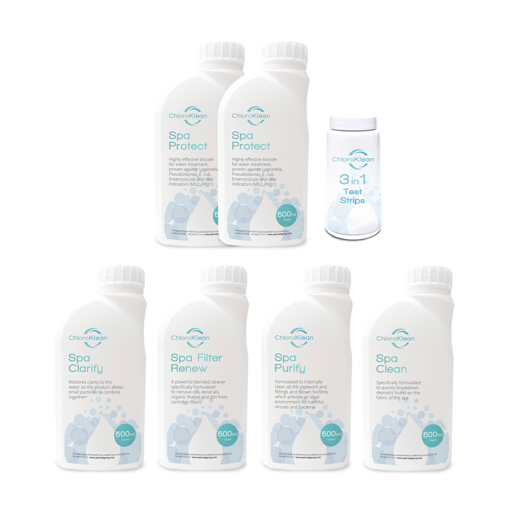 ChloroKlean Pro Care Kit all bottles - Spa Protect, Spa Clarify, Spa Purify, Spa Clean, Spa Filter Renew and 3 in 1 Test Strips